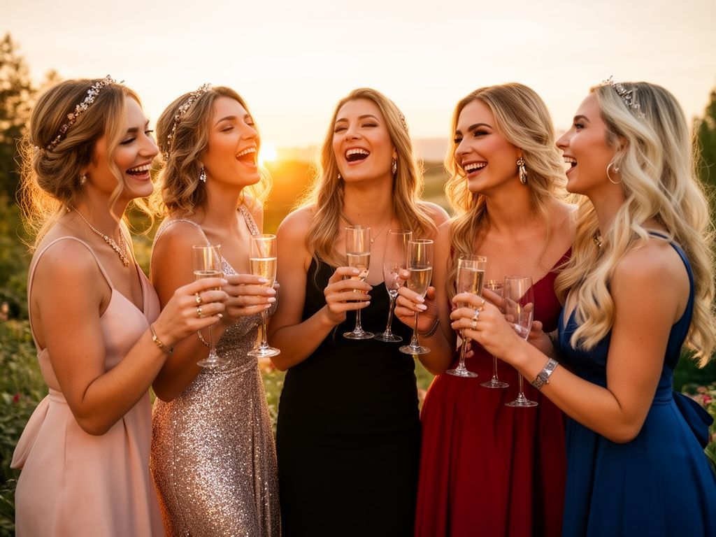 Grupa młodych kobiet w wieczorowych strojach świętuje wieczór panieński na zewnątrz o zachodzie słońca