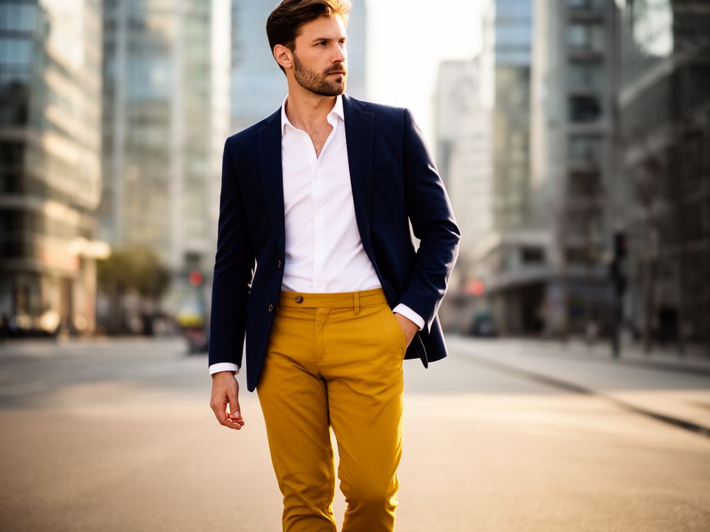 Mężczyzna w musztardowych spodniach, białej koszuli i granatowej marynarce na miejskiej ulicy w naturalnym świetle