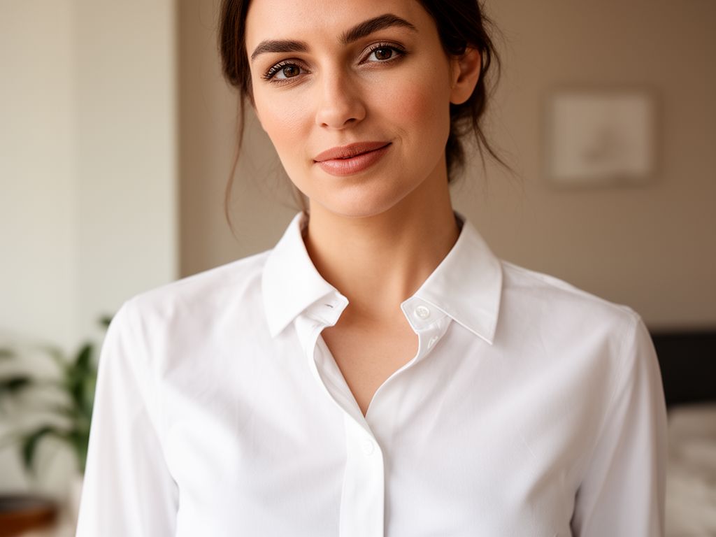 Kobieta w białej koszuli w minimalistycznym, nowoczesnym wnętrzu, widoczne detale tkaniny i kołnierzyka