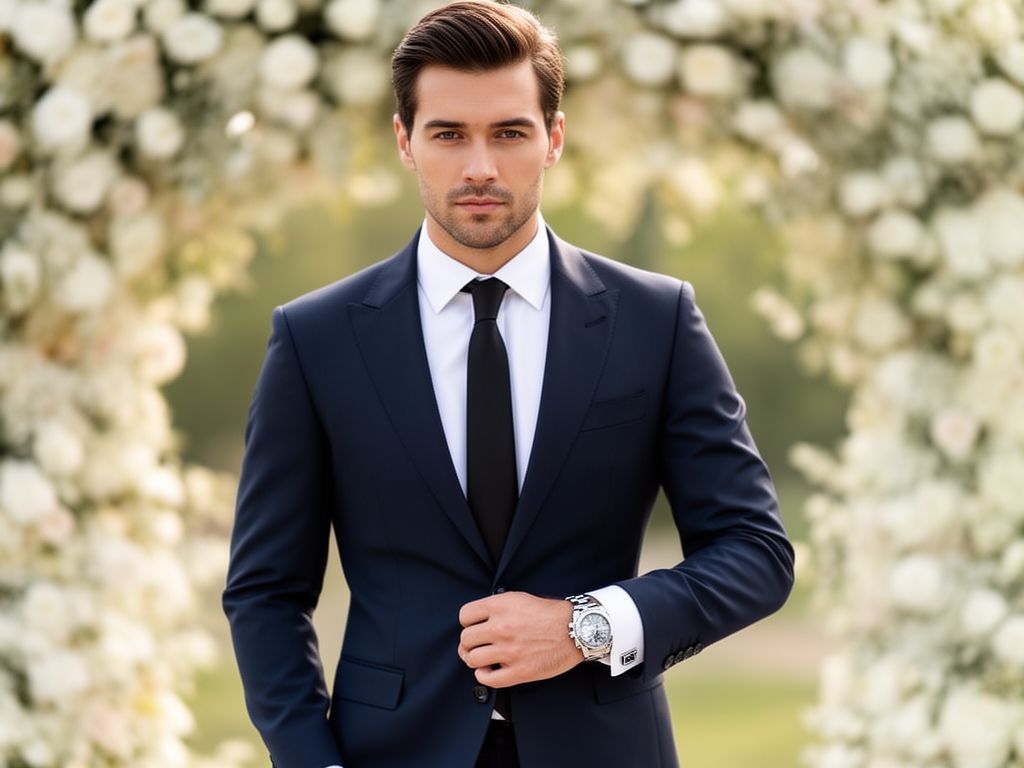 Mężczyzna w granatowym garniturze i białej koszuli na tle dekoracji ślubnych w naturalnym świetle dnia