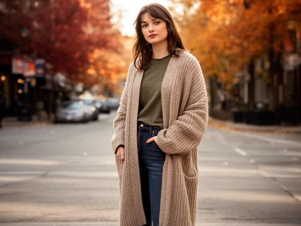 Młoda kobieta w swetrze stoi na ulicy, jesienna sceneria, naturalne światło, ujęcie całej postaci.