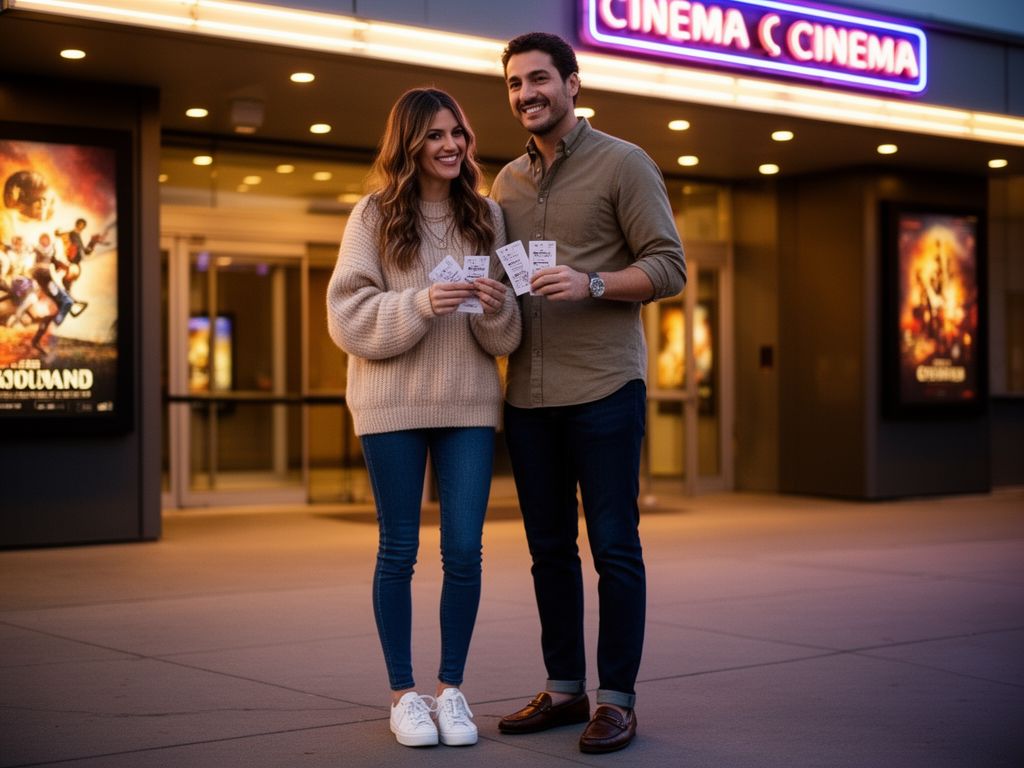 Mężczyzna i kobieta z biletami stoją przed wejściem do nowoczesnego kina o zmierzchu.