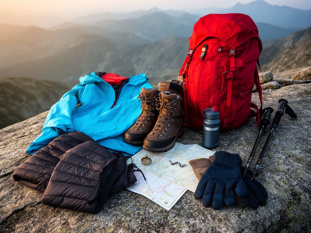 Sprzęt do wędrówek górskich ułożony na kamieniu: kurtka, buty, spodnie, plecak, kijki, mapa, kompas, butelka, rękawice.