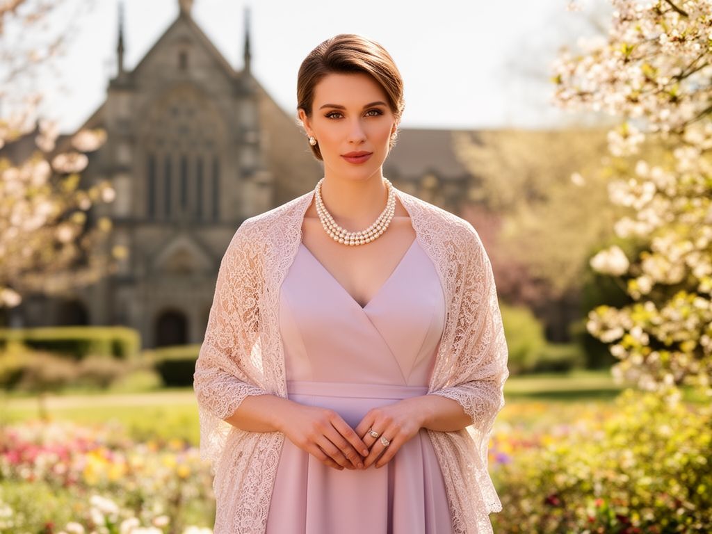 Elegancka kobieta na chrzcinach w pastelowej sukience z koronkowym szalem na tle kościoła i kwiatów