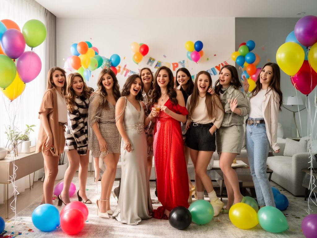 Grupa młodych kobiet na urodzinach w nowoczesnym salonie z balonami i dekoracjami, uśmiechnięte, radosne.