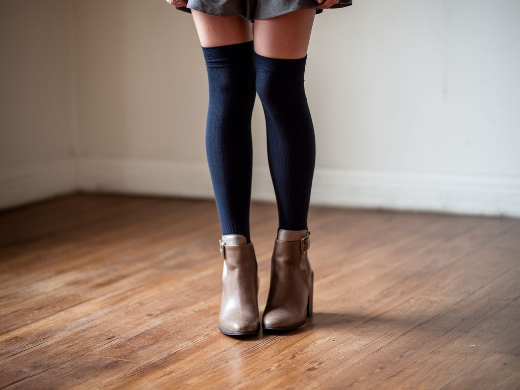 Nogi kobiety w modnych podkolanówkach i botkach na drewnianej podłodze w miejskim stylu.