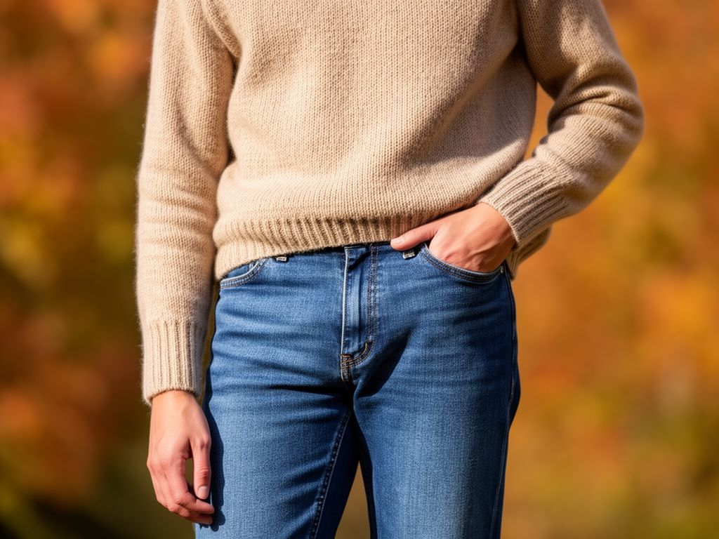 Osoba w niebieskich jeansach i beżowym swetrze na tle jesiennej, rozmytej scenerii na zewnątrz