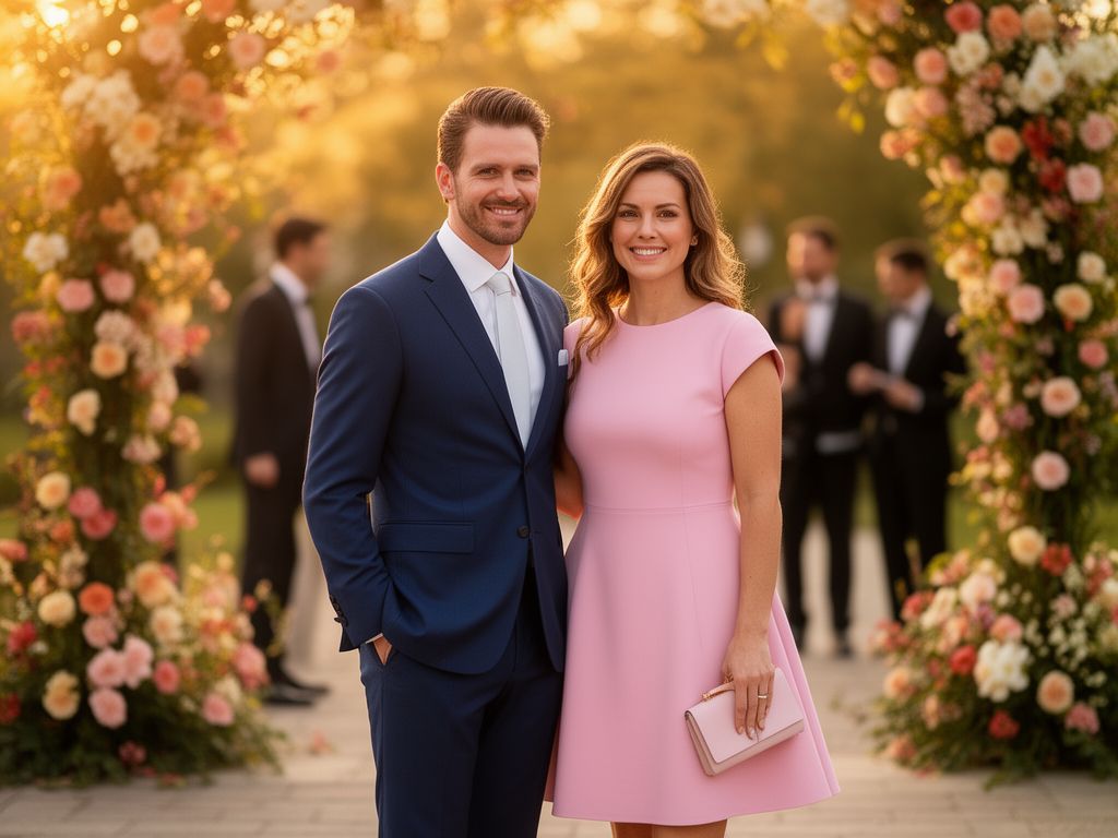 Para w eleganckich strojach pozująca na tle dekoracji kwiatowych podczas wesela o złotej godzinie