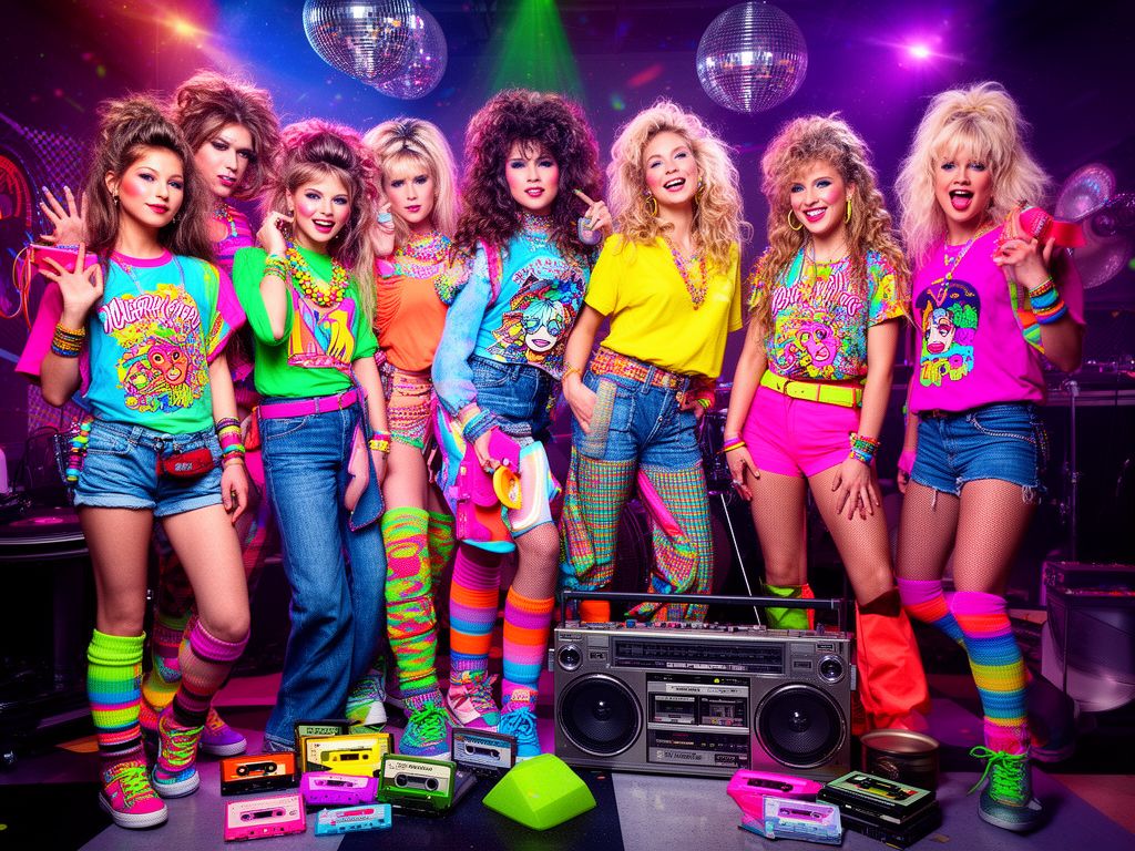 Młodzi ludzie na imprezie w stylu lat 80. w neonowych ubraniach przy boomboksie i dyskotekowych światłach