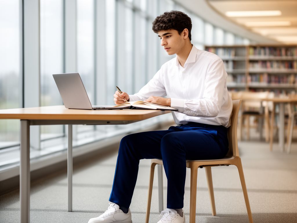 Student uniwersytecki pisze w zeszycie przy biurku w jasnej bibliotece z laptopem i książkami w tle