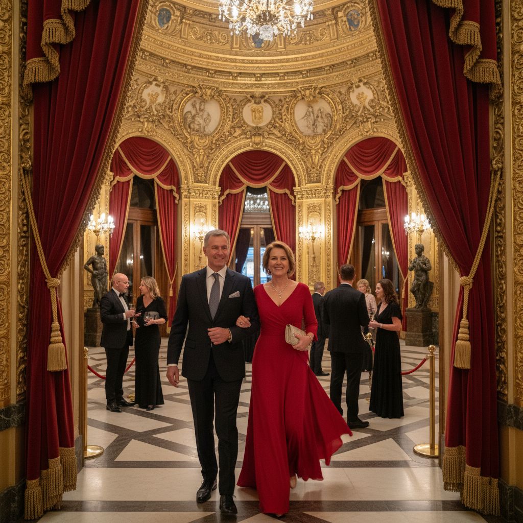 Średniowieczna para wchodząca do historycznego teatru z dekoracjami i czerwonymi zasłonami