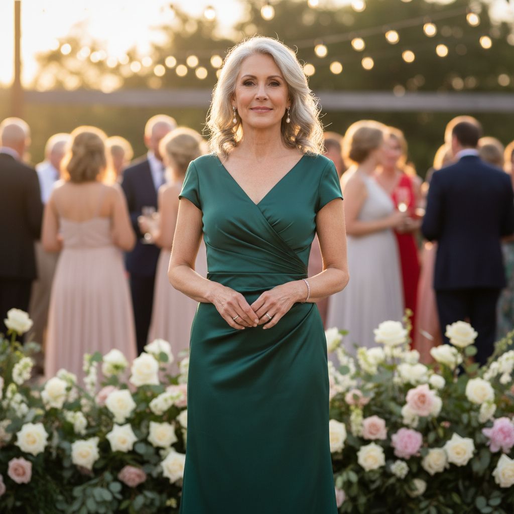 Elegancka kobieta w sukience stojąca na weselu na tle gości i kwiatów w ciepłym świetle golden hour