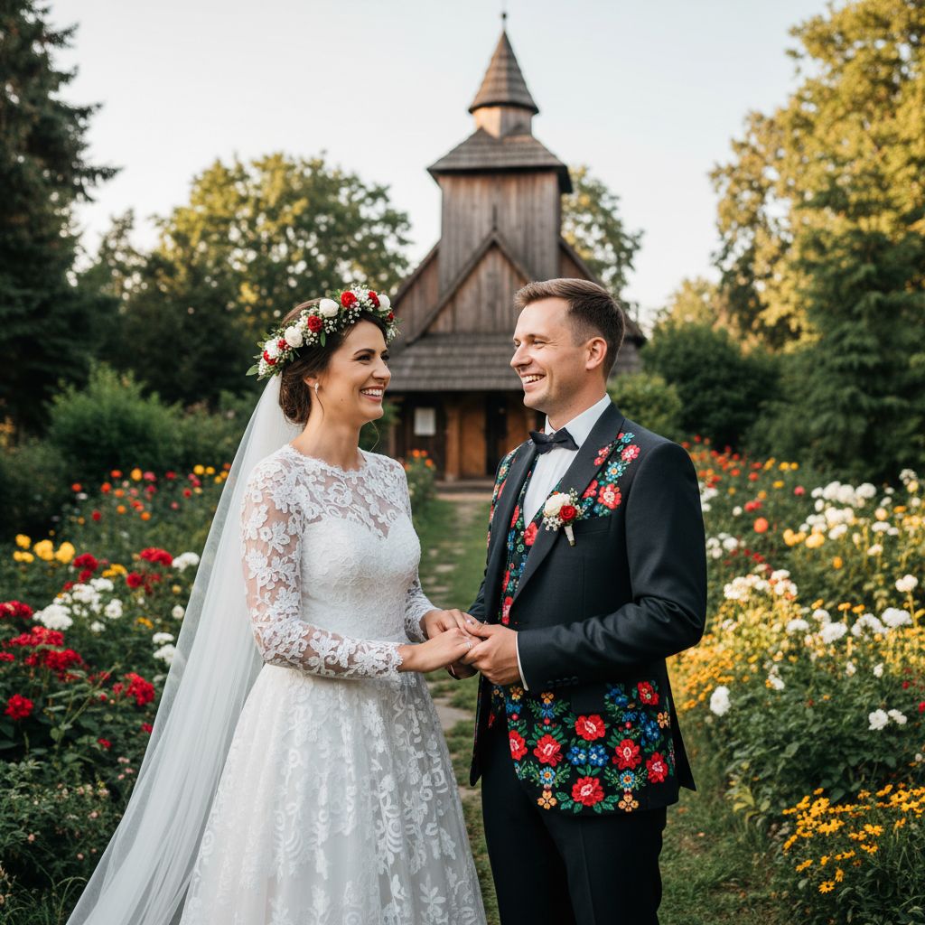 Para w tradycyjnych polskich strojach weselnych stoi przed drewnianym kościołem na tle zieleni i kwiatów