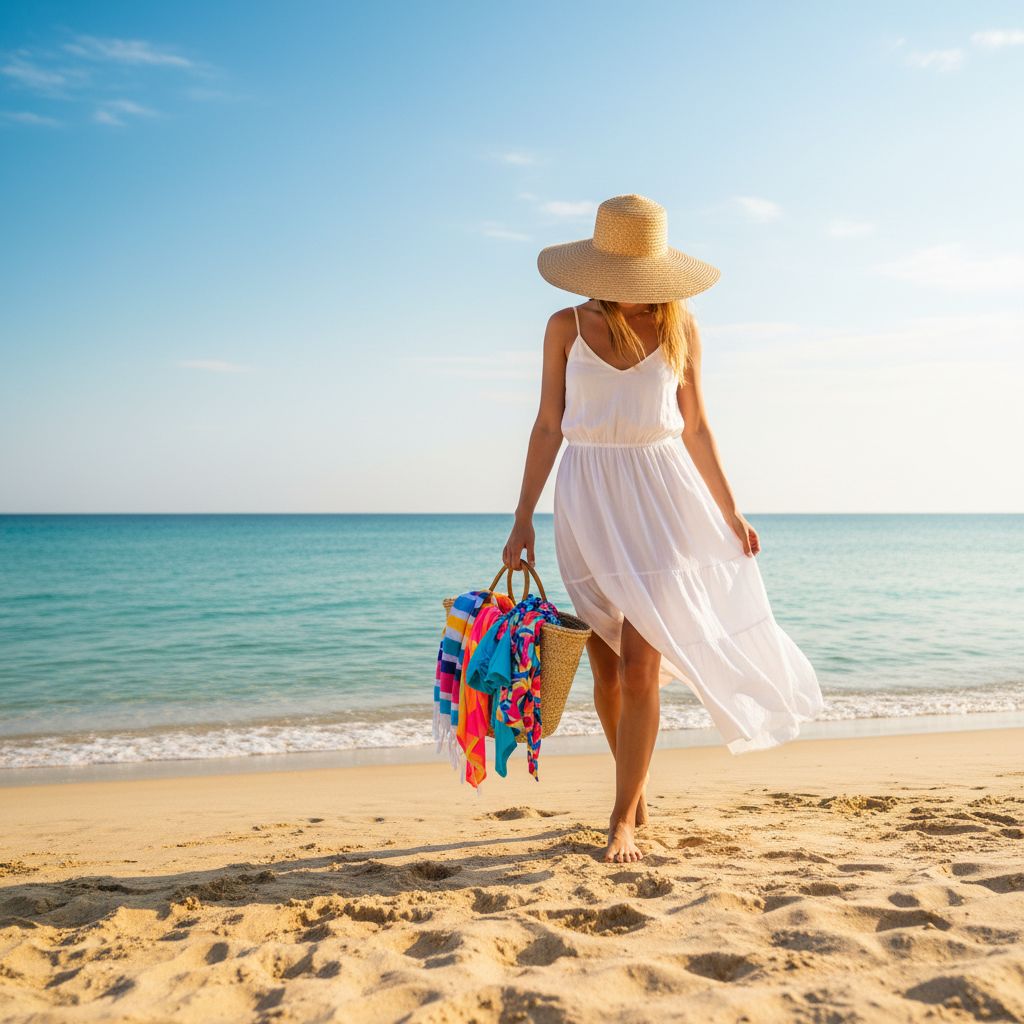 Kobieta na plaży w białej sukience i kapeluszu trzyma torbę z kostiumami i ręcznikiem, morze w tle