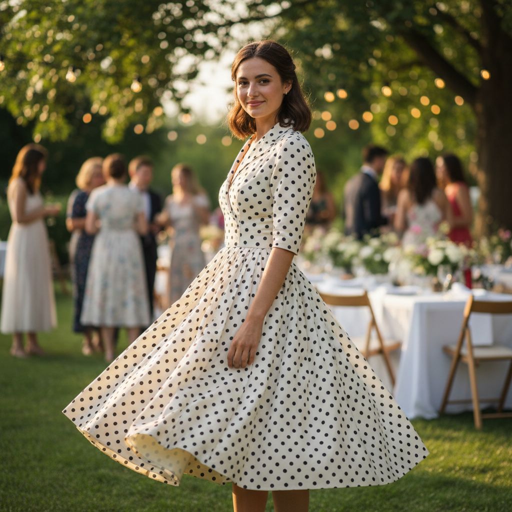 Młoda kobieta w eleganckiej sukience w grochy na tle rozmytego letniego ogrodu podczas przyjęcia na zewnątrz