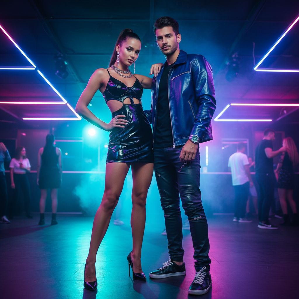 Młoda para w modnych klubowych stylizacjach pozująca w kolorowym świetle neonów w dynamicznym klubie